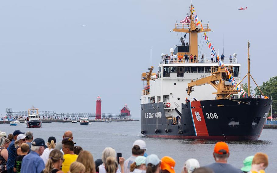 The 225-foot, U.S. Coast Guard Cutter SPAR (WLB-206) out of Duluth, Minn. concludes the U.S. Coast Guard parade of ships in Grand Haven, Mich., on Monday, July 29, 2024. 