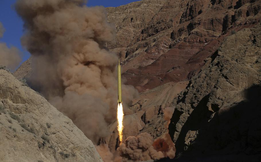 A Qadr H long-range ballistic surface-to-surface missile is fired by Iran’s Revolutionary Guard during a maneuver in an undisclosed location in Iran, on March 9, 2016. 