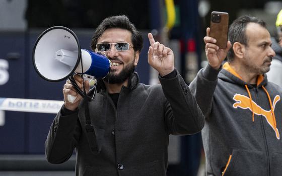 FILE - Salwan Momika speaks in Malmö, Sweden, Sept. 30, 2023. (Johan Nilsson/TT News Agency via AP, File)