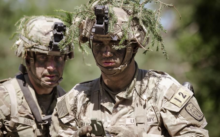 Sgt. Theodore Buckley, an air and missile defense crew member with 10th Army Air and Missile Defense Command, directs his squad at U.S. Army Europe and Africa’s Best Squad Competition at Grafenwoehr Training Area in Germany.