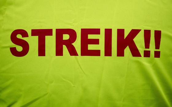 A protester wears a vest that translates to "strike" during a demonstration outside a U.S. base in Germany in this undated photo. Ver.di, a union that represents local national civilians employed at bases across the country, is calling for a strike on Feb. 21, 2025, at all installations in Rheinland-Pfalz.

