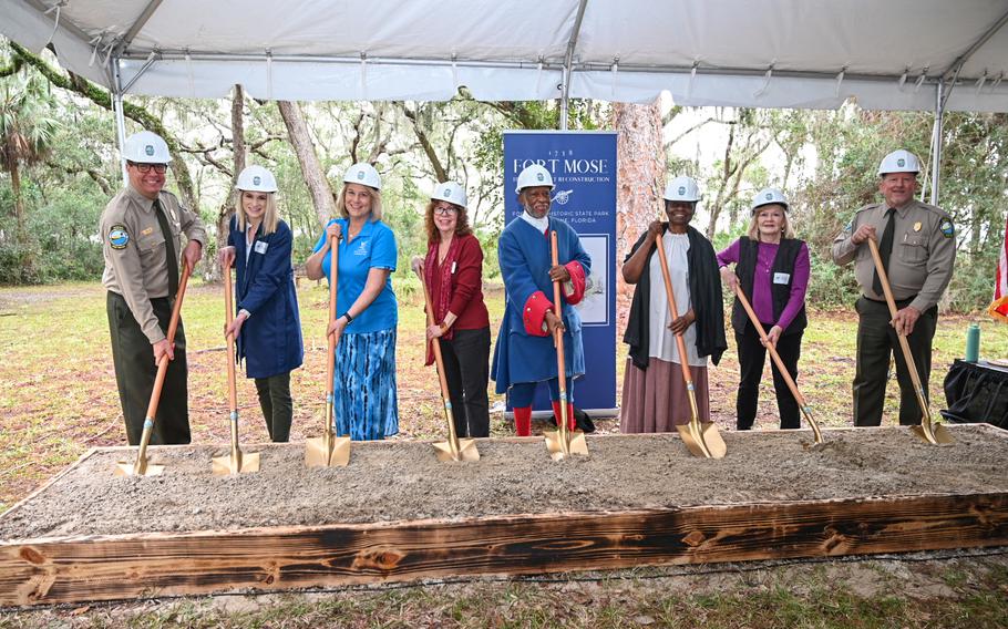The groundbreaking ceremony for the reconstruction of Fort Mose on Jan. 19 in St. Augustine, Fla. Jane Landers, a Vanderbilt University professor and historian of Fort Mose, is fourth from left; Kathy Deagan, retired University of Florida archaeology professor, is second from right.