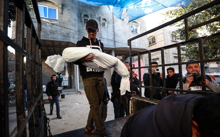 Palestinians bid farewell Thursday outside al-Najjar Hospital to relatives killed when their home east of Rafah was hit by an explosion. 