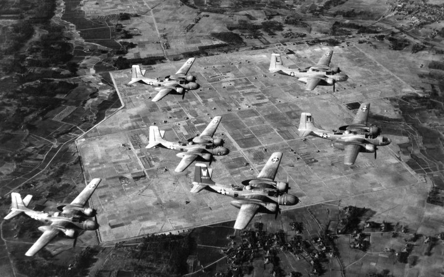 U.S. Air Force B-26 Invaders on a training flight over Japan on July 11, 1950.