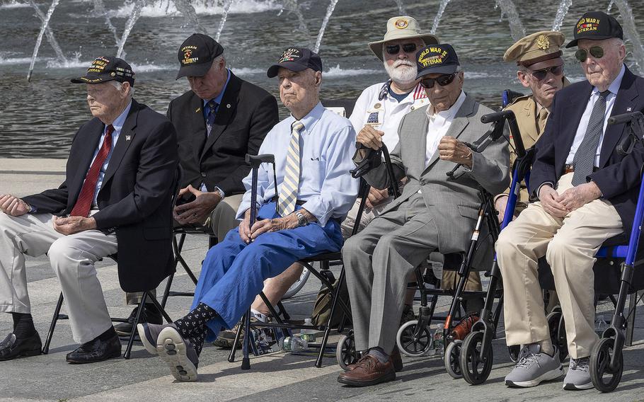 Among the six World War II veterans on hand for the 20th anniversary celebration of the National World War II Memorial were, left to right in the front row, Les Jones, Callan Saffell, Frank Cohn and Jeffrey Donahue,, May 25, 2024 in Washington.