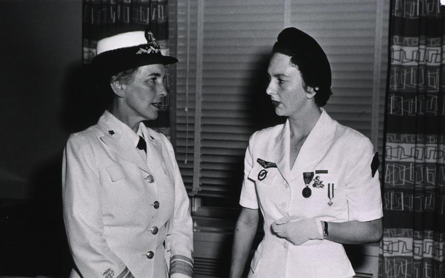 Lucile Petry Leone, left, the founding director of the U.S. Cadet Nurse Corps, and Lt. Geneviève de Galard in 1954. De Galard, a French air force nurse in the 1950s Indochina war who became known as the “angel of Dien Bien Phu,” the only woman in an embattled garrison amid wounded and dying soldiers as well-armed guerrilla fighters closed in, died May 30 at age 99.