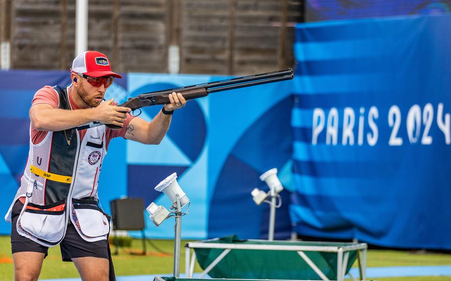 Army veteran Vincent Hancock aims during the pre-event training for the men’s skeet at the 2024 Paris Olympics on Thursday, Aug. 1, 2024, at the Chateauroux Shooting Centre in Chateauroux, France.