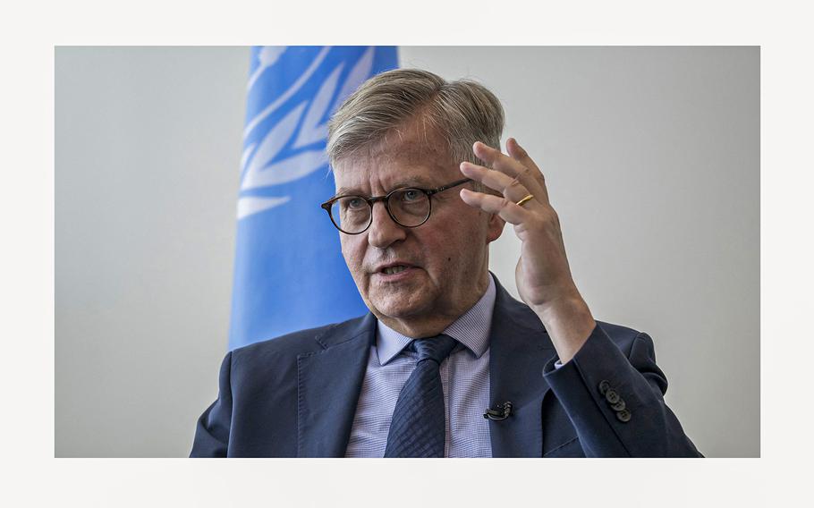 United Nations Under-Secretary-General for Peace Operations Jean-Pierre Lacroix speaks during an interview in his office at the UN headquarters in New York City on May 21, 2024. 