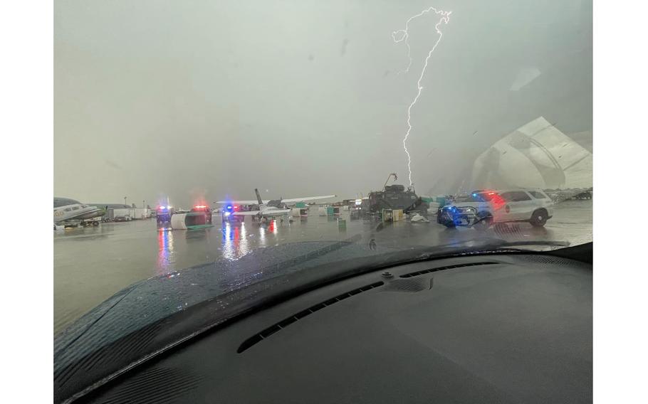 A lightning strike at McConnell Air Force Base on Sunday, Aug. 25, 2024. A slow-moving storm brought wind gusts in excess of 50 mph to the McConnell flight line, according to a statement from McConnell Air Force Base.