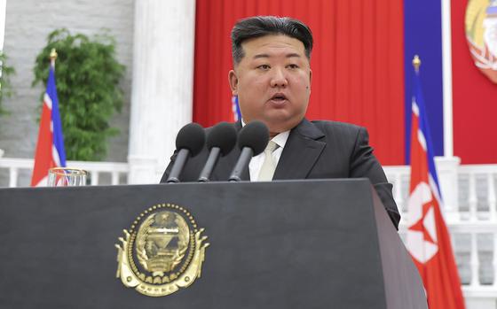 In this photo provided by the North Korean government, leader Kim Jong Un delivers a speech in Pyongyang on Sept. 9, 2024, marking the country's 76th founding anniversary.