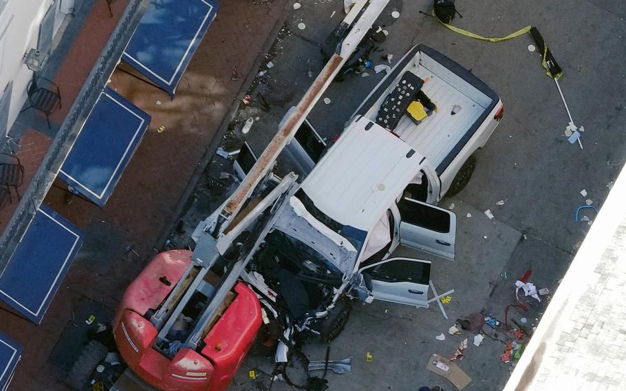 An aerial view of the damaged pickup truck that was used to attack a crowd in New Orleans. 