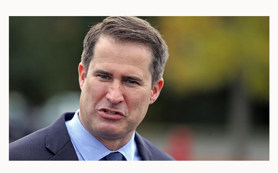 Representative Seth Moulton, D-Mass., attends a briefing on Oct. 1, 2019, in Danvers, Massachusetts. According to reports on Friday, July 5, 2024, Moulton is joining other Democrats in saying that President Joe Biden should step aside from his reelection campaign.