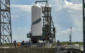 The second stage for Blue Origin’s New Glenn rocket for its debut mission was set up Tuesday, Sept. 3, 2024, on the launch pad at Cape Canaveral Space Force Station’s Launch Complex 36 for an upcoming engine test. (Blue Origin/TNS)