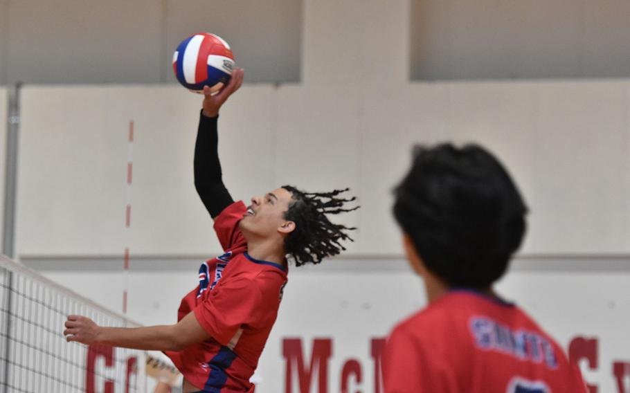 Aviano's Alando Brown taps the ball towards the net in the Saints' sweep of Sigonella on Saturday, Oct. 5, 2024, at Aviano Air Base, Italy.