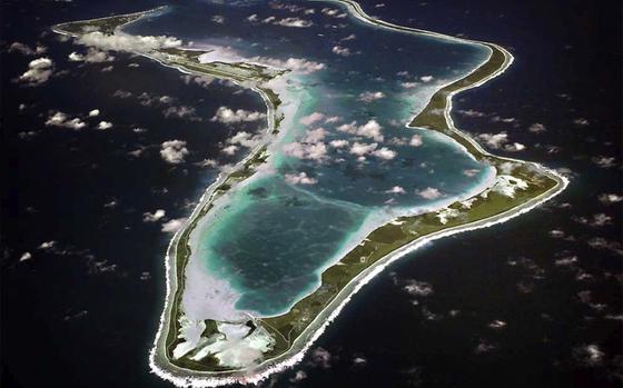 FILE - This image realeased by the U.S. Navy shows an aerial view of Diego Garcia. (U.S. Navy via AP, File)