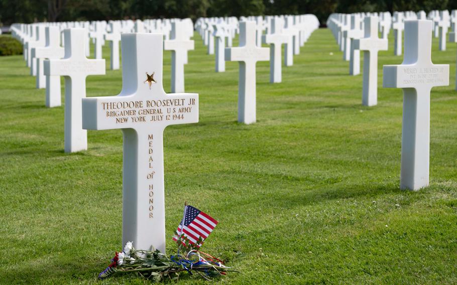 The grave of Theodore Roosevelt Jr. at the Normandy American Cemetery. 