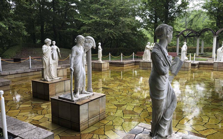 Greek statues stand inside a fountain at Muse Park in Chichibu, Saitama Prefecture, Japan, about 90 minutes north of Yokota Air Base.