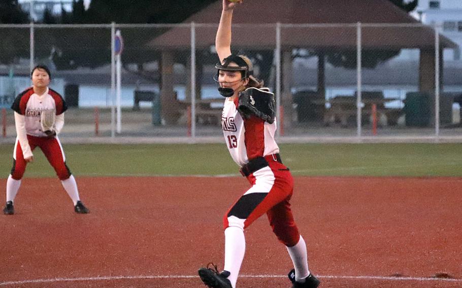 Lily Lucas  looks to the plate.