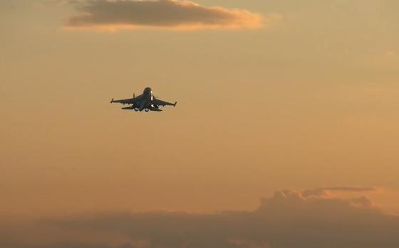 In this photo taken from a video released by Russian Defense Ministry press service on Tuesday, Nov. 5, 2024, a Su-34 bomber of the Russian air force operates at the border area of Kursk region, Russia. (Russian Defense Ministry Press Service via AP)