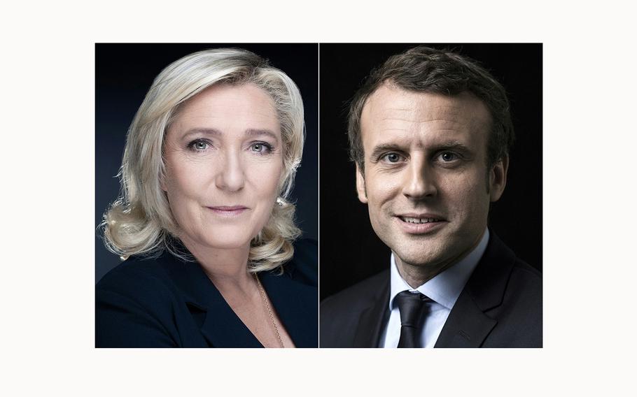 French Rassemblement National party leader Marine Le Pen seen in Paris on Oct. 20, 2021, and France’s President Emmanuel Macron seen in Paris on March 7, 2017. 