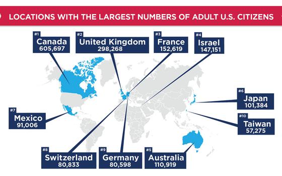 A world map showing countries with the biggest populations of eligible U.S. voters overseas in 2022.