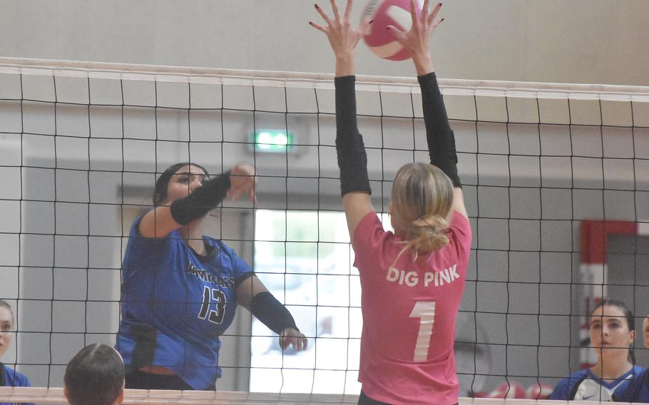 Rota’s Pamela Munoz hits through the block of Aviano’s Jaycee Spence in the Admirals’ five-set victory over the Saints on Saturday, Oct. 14, 2023, at Aviano Air Base, Italy.