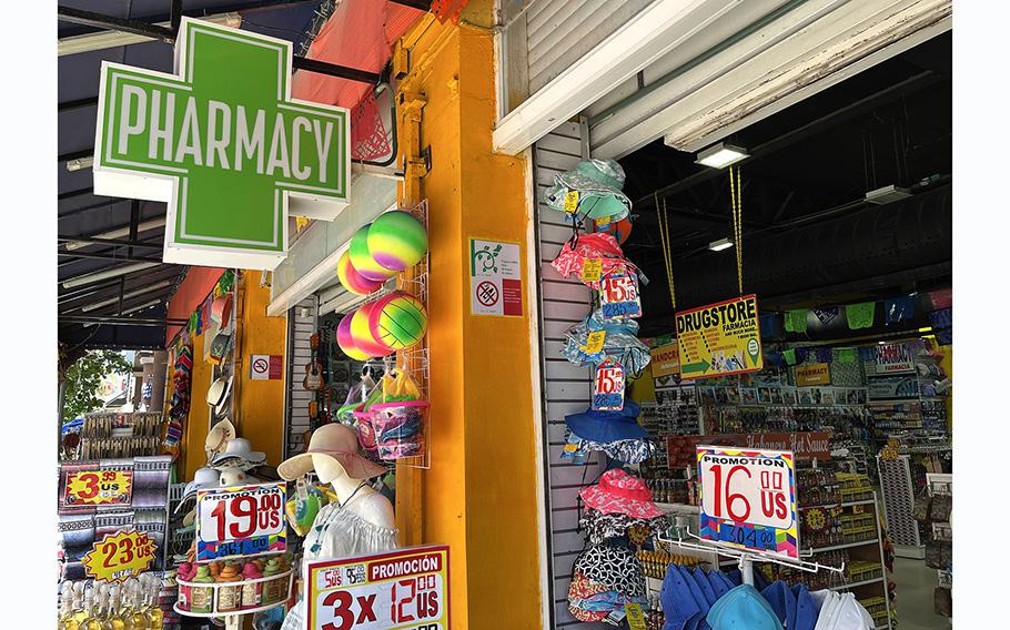 A combination pharmacy, souvenir shop and beach supply store peddles its wares in Playa del Carmen, Mexico, on March 4, 2023. 