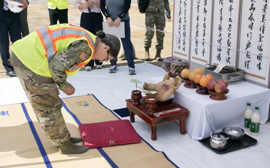 Col. Heather Levy, commander of the U.S. Army Corps of Engineers' Far East District, takes part in a traditional Korean safety ceremony at Camp Humphreys, South Korea, Thursday, Sept. 7, 2023. The ceremony was part of the groundbreaking for a new elementary school.