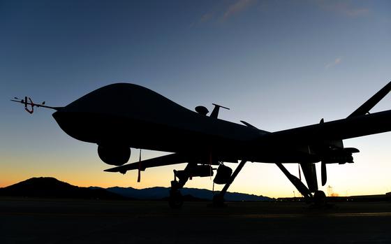 An MQ-9 Reaper sits on the flight line at Creech Air Force Base, Nev., Dec. 17, 2019.