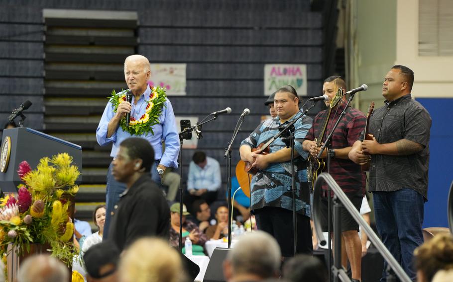 President Joe Biden speaks at the civic center in Maui after the Hawaii wildfires, Monday, Aug. 21, 2023.