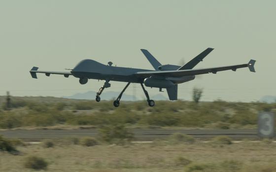 A Marine Corps MQ-9 Reaper drone takes off during a training exercise at Laguna Army Airfield, Arizona, on March. 26, 2024.