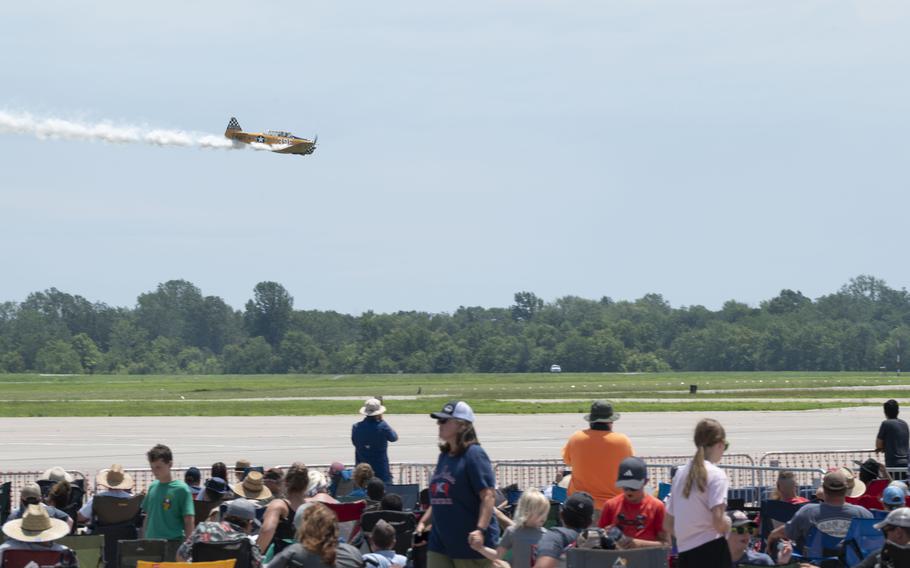 A T-6 Texan aircraft conducts an aerial demonstration during the 2024 Wings Over Whiteman Air Show at Whiteman Air Force Base, Mo., July 13, 2024. 