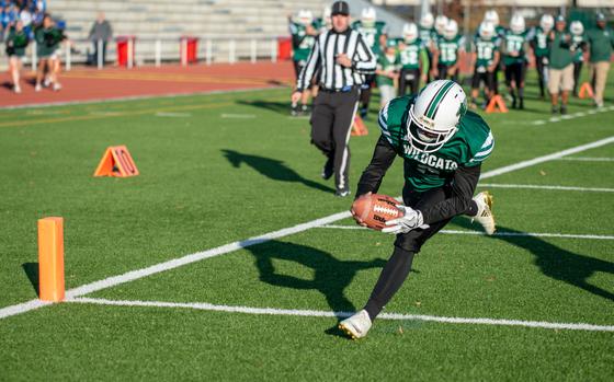 Ashton Jeanty from Naples scores during the Department of Defense Education Activity Europe division II football championship game between the Aviano Saints and the Naples Wildcats, Saturday, Nov. 3, 2018. 

Brian Ferguson/Stars and Stripes