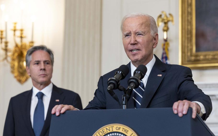 President Biden reiterated the United States’ support for Israel while making remarks on the war in Gaza, with Secretary of State Antony Blinken alongside him, at the White House on Oct. 7, 2023. 