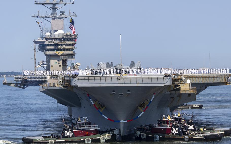 The Nimitz-class aircraft carrier USS Dwight D. Eisenhower returns to Naval Station Norfolk, Va., July 14, 2024, concluding a nine-month deployment in the Middle East. 