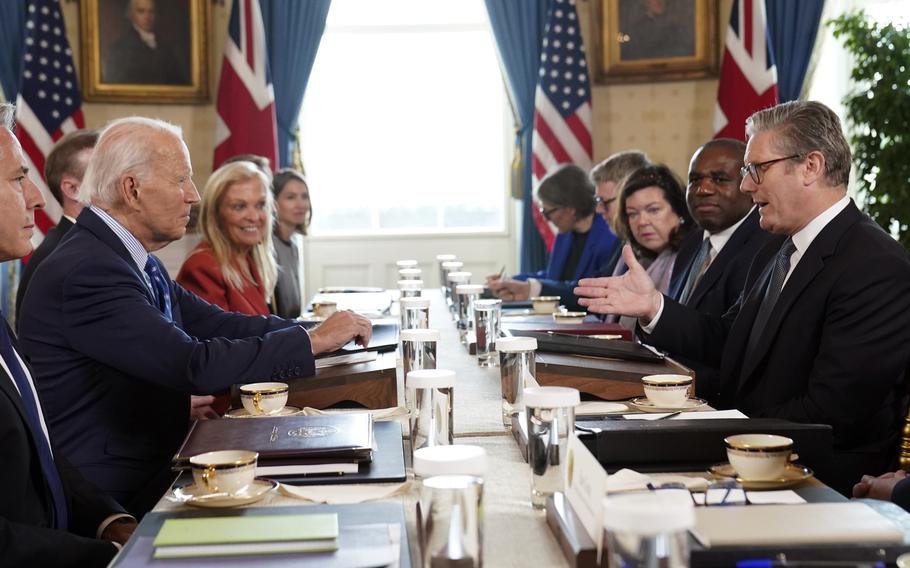 U.S. President Joe Biden, left, meets with British Prime Minister Keir Starmer, right, at the White House on Sept. 13, 2024.