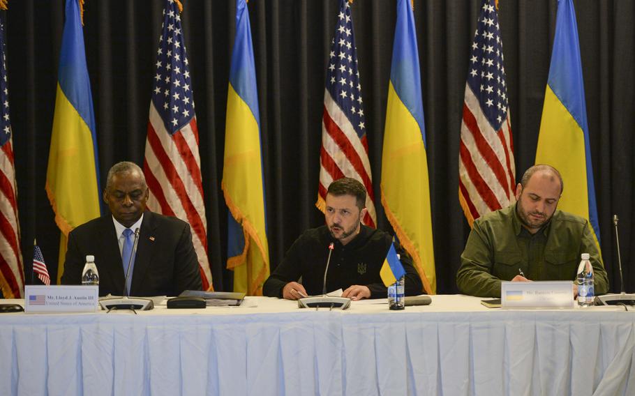 From left, U.S. Defense Secretary Lloyd Austin, Ukrainian President Volodymyr Zelenskyy and Rustem Umerov, the Ukrainian defense minister, open the 24th Ukraine Defense Contact Group meeting at Ramstein Air Base, Germany, Sept. 6, 2024.