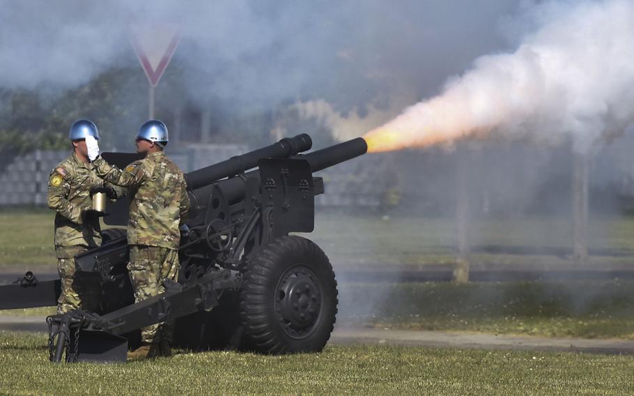 Soldiers from the 529th Military Police Company fire cannons to welcome Gen. Darryl Williams to the 56th Artillery Command change of command ceremony June 13, 2024, on Clay Kaserne, in Wiesbaden, Germany. 