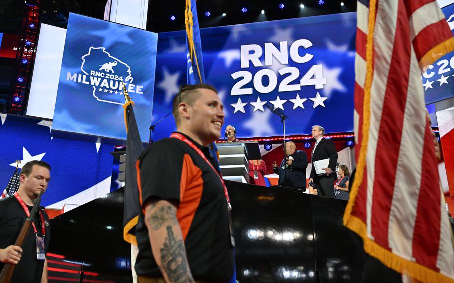 Members of a color guard take part in a venue walk-through on Sunday, July 14, 2024, ahead of the Republican National Convention in downtown Milwaukee. 