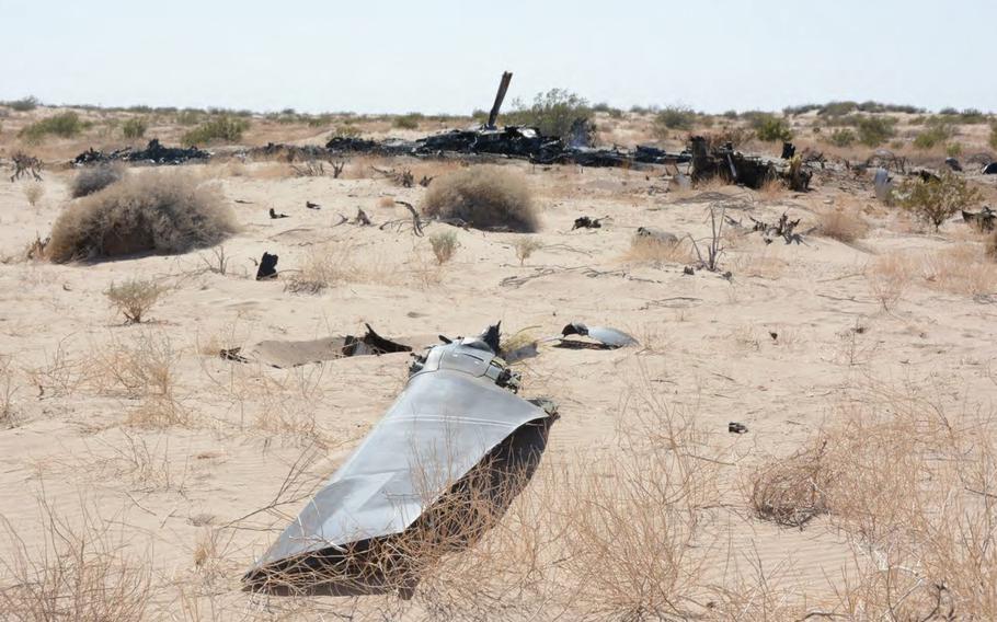 A photo attributed to a Marine Corps accident investigation report shows the site in Imperial County, Calif., where an MV-22 Osprey crashed June 8, 2022, killing five Marines on board.