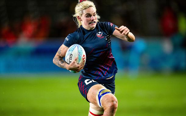 U.S. Army Capt. Sammy Sullivan runs with the ball during a rugby sevens match at the Los Angeles SVNS tournament on March 3, 20204, at Dignity Health Sports Park in Carson, Calif. Sullivan will be competing for the U.S. women's rugby sevens team during the 2024 Paris Olympics on July 28-30 at Stade de France in Saint-Denis, France.