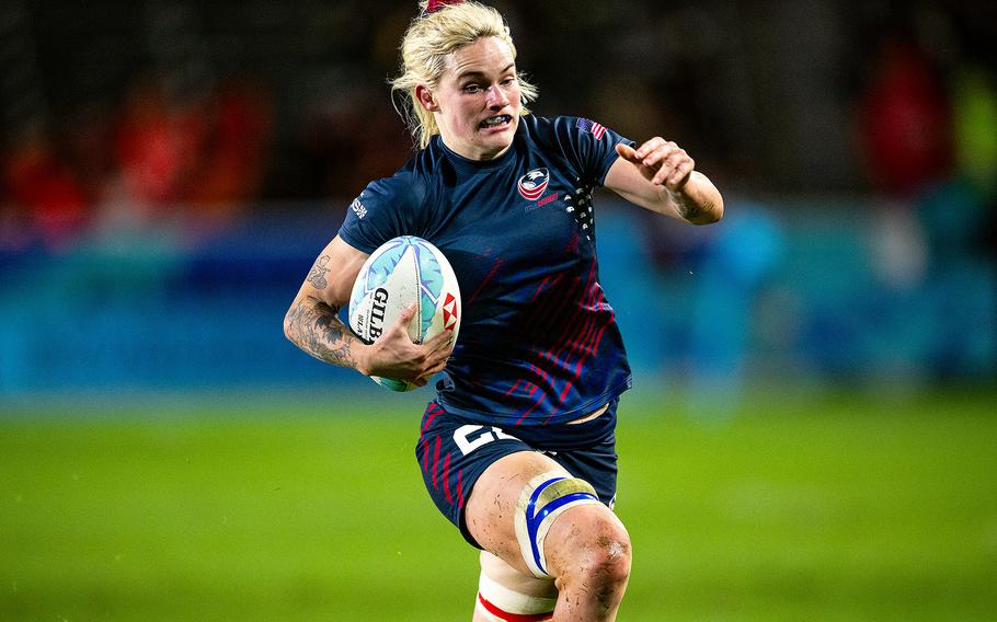 U.S. Army Capt. Sammy Sullivan runs with the ball during a rugby sevens match at the Los Angeles SVNS tournament on March 3, 2024, at Dignity Health Sports Park in Carson, Calif. Sullivan will be competing for the U.S. women’s rugby sevens team during the 2024 Paris Olympics on July 28-30 at Stade de France in Saint-Denis, France.