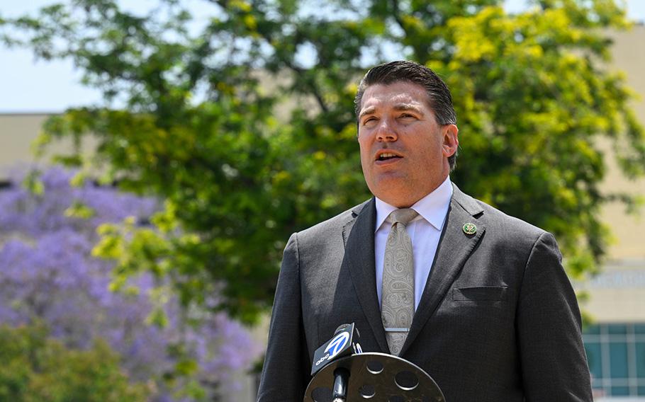 Congressman Jay Obernolte addresses the media outside the Jerry L. Pettis Memorial Veterans Medical Center in Loma Linda on Friday, June 16, 2023, following a meeting with leaders to discuss complaints and allegations of a hostile workplace environment at the facility. 