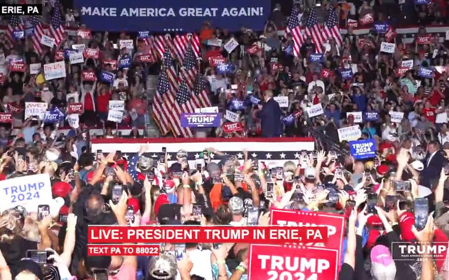 Former President Donald Trump campaigns in Erie, Pa., on July 29, 2023.