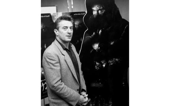 Tokyo, February 9, 1995:  At an Okura Hotel press conference, Robert De Niro poses next to a promotional cutout of himself in his latest role, that of the creature in Kenneth Branagh's Frankenstein.

Looking for Stars and Stripes’ historic coverage? Subscribe to Stars and Stripes’ historic newspaper archive! We have digitized our 1948-1999 European and Pacific editions, as well as several of our WWII editions and made them available online through https://starsandstripes.newspaperarchive.com/

META TAGS: celebrity; actor; entertainment; movie; promo