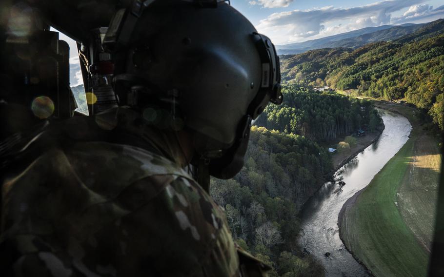 A view of the New River near Ashe County from a National Guard helicopter.