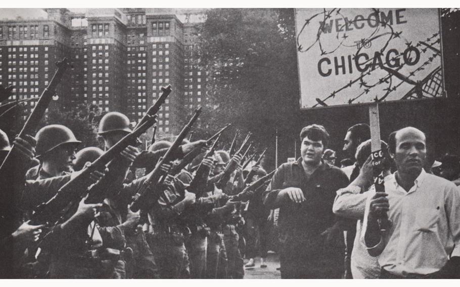 National Guard members and demonstrators are seen at the 1968 Chicago Democratic Convention.