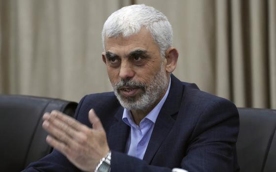 Yahya Sinwar, head of Hamas in Gaza, meets with leaders of Palestinian factions in Gaza City in April 2022.