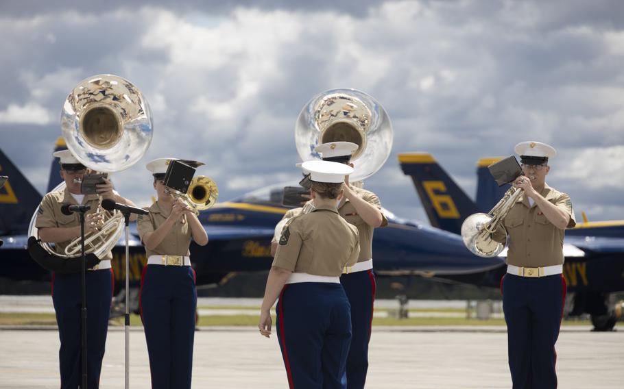 U.S. Marines with 2nd Marine Aircraft Wing Band perform at Marine Corps Air Station Cherry Point, N.C., Saturday, May 11, 2024. 