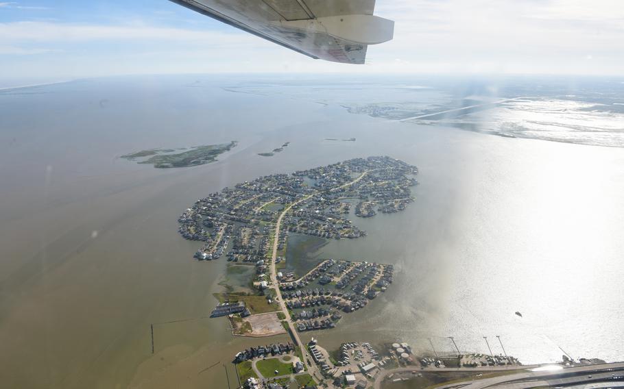 A Coast Guard Air Station Corpus Christi HC-144 Ocean Sentry air crew conducts fly-overs in Texas after Hurricane Beryl, July 8, 2024. 